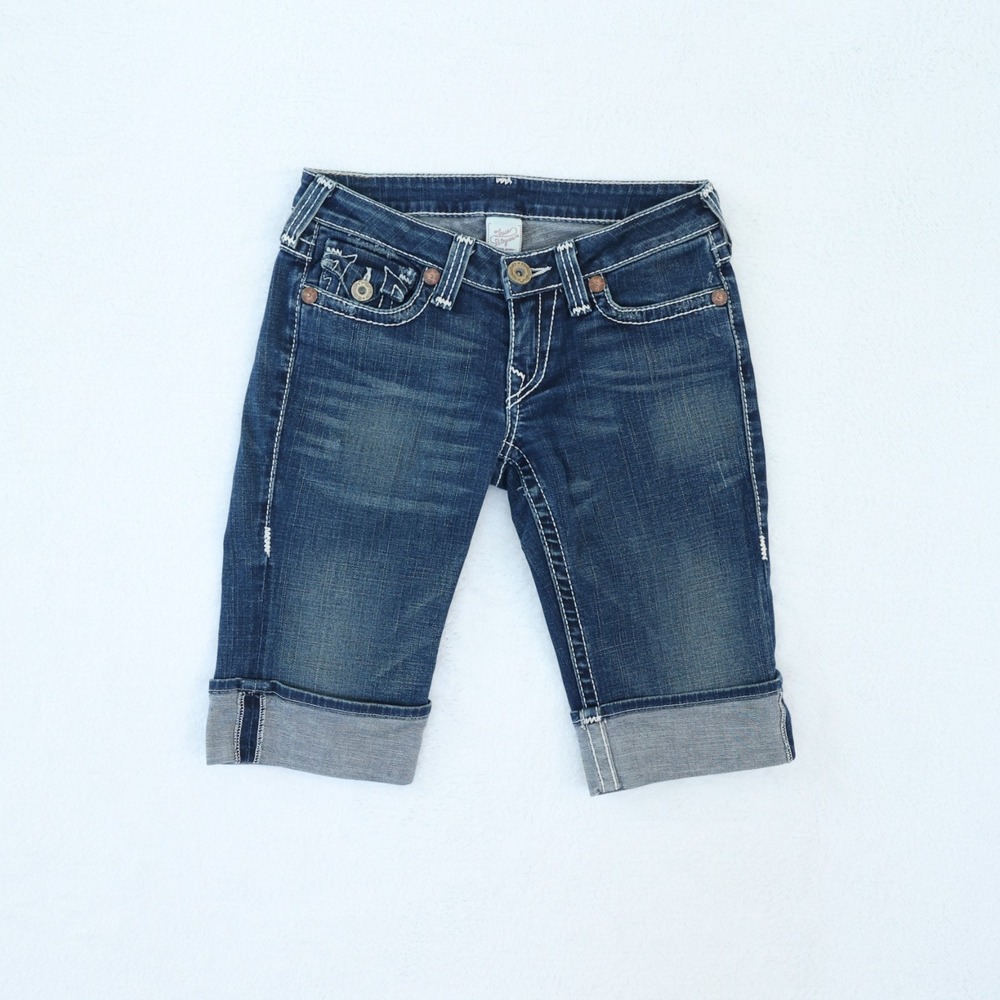 True Religion Josie Shorts Women's 28 Blue Dark Wash Denim Cuffed Flap Pockets
